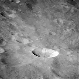 Oblique view of Mandelʹshtam F from Apollo 11.  Mandelʹshtam F lies to the east of Mandelʹshtam itself and is adjacent to the larger but less obvious Mandelʹshtam G.