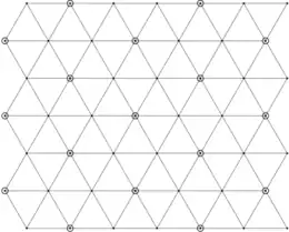 The plane divided into equilateral triangles by three sets of parallel lines.  Certain intersections of the lines (vertices of the triangles) are circled.