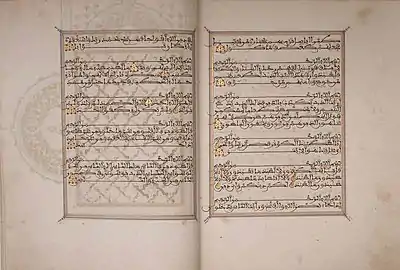 Image 28A folio of an 18th-century Moroccan Quran, with a characteristically Maghrebi script used to write surahs 105–114 (from Culture of Morocco)