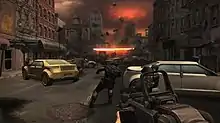 Screenshot from Doom 4, of a city street with abandoned cars and a dark, red-tinted sky