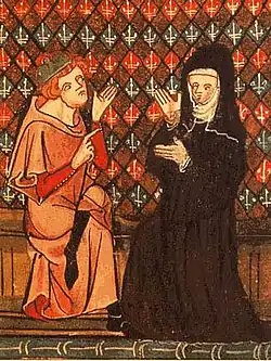 The monk and scholar Abélard and the nun Héloïse begin a legendary Paris romance in about 1116. Illustration of the couple in a manuscript of the Roman de la Rose (1490s))