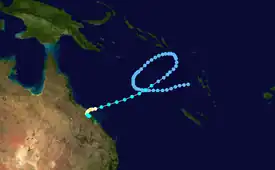 Image of the northern Oceania region showing the track of the cyclone as a series of connected dots, which begins in the far eastern Coral Sea, completes a clockwise loop, and ends just beyond the coast of northeastern Australia.