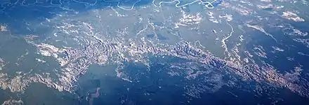 A southward aerial view of the park, with White River at the top (south) and the small town of Interior upper right center.