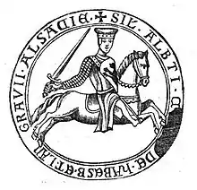 Seal of Albert IV, Count of Habsburg, inscribed in Latin (with abbreviations): SIGILLUM ALBERTI (COMIS) DE HABESB(URG) ET LANGRAVII ALSACTIAE ("seal of Albert of Habsburg, Count of Habsburg and Langrave of Alsace")