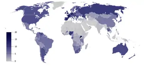 Total recorded alcohol per capita consumption (15+), in litres of pure alcohol