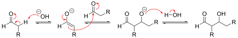 Simple mechanism for base-catalyzed aldol reaction of an aldehyde with itself