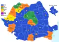 Political map depicting the county president and county seat mayor by winning party. With the PDSR winning a majority in most counties.