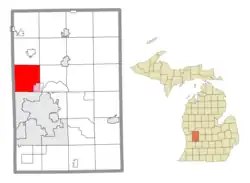 Location within Kent County (red) and an administered portion of the Comstock Park CDP (pink)