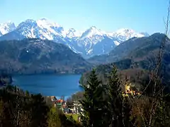 View from Neuschwanstein castle, with Schloss Hohenschwangau visible in the lower right