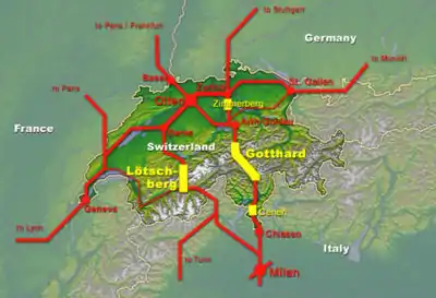 Rail map of Switzerland and surrounding countries