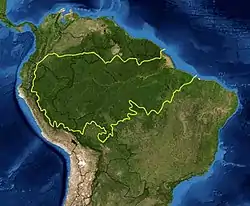 Image 9A map of the Amazon rainforest ecoregions. The yellow line encloses the ecoregions per the World Wide Fund for Nature. (from Ecoregion)