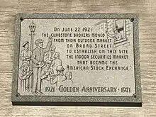 The text reads: "On June 27, 1921, the curbstone brokers moved from their outdoor Market on Broad Street to establish on this site the indoor securities market that became the American Stock Exchange."