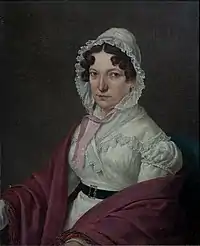 painting of a middle-aged woman, looking with serious expression in the direction of the painter