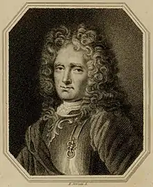 An engraved portrait in an octagonal frame of a young man with long curly hair or such a wig, wearing a breast-plate