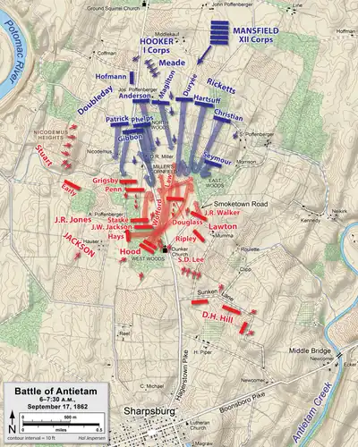 Map shows the Battle of Antietam at about 6 am.