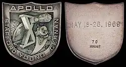  Apollo 10 mission emblem and crew names (front). Flight dates and serial number 70 (back)