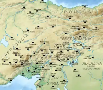 A topographic map of central Asia Minor and northern Syria and Upper Mesopotamia with administrative regions labeled and black fort-shaped markers indicating fortress locations