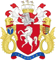 Arms of Kent County Council, granted 1933, including the Cinque Ports arms suspended from the collar of the sinister (right) supporter