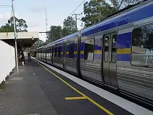 A comeng train (operated by connex)  at the single platform station at Ashburton