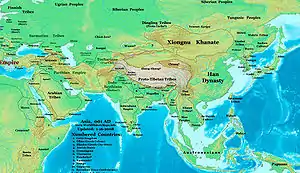 Asia in 1 AD. The Western Regions were at the centre of the map (south-west of the Xiongnu)