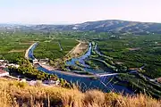 Júcar River with irrigated orange orchards near Antella