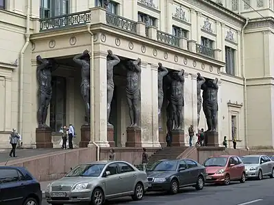 Neoclassical atlantes of the New Hermitage, Saint-Petersburg, Russia, designed by Leo von Klenze and sculpted by Alexandre Terebeniov, 1842—1851