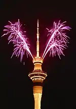 Fireworks in Auckland, New Zealand for the 2023 New Year taking place on the Sky Tower