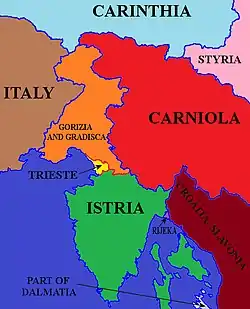 Map of the Austrian Littoral, comprising the Imperial Free City of Trieste (yellow), the Margraviate of Istria (green), and the Princely County of Gorizia and Gradisca (orange)