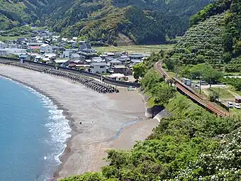 Surrounding area of Awa Station in 2010 looking in the direction of Kubokawa. The parking area and the remains of the freight platform can be seen.