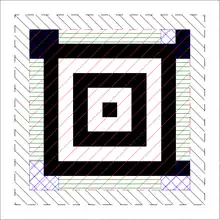 The core of the compact Aztec code (red ascending diagonal hatching), showing the central bull's-eye, the four orientation marks (blue diagonal cross-hatching), and space for 28 bits (7 bits per side) of coding information (green horizontal hatching). The first ring of data begins outside that (grey descending diagonal hatching).