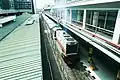 The platform of the station seen from the skybridge access to the Airport Rail Link Station