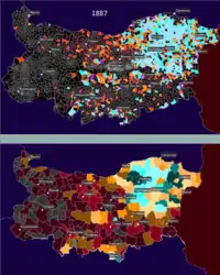 Distribution of Turkish speakers in 1887 including Gagauz settlements in Silistra, Varna and Dobrich regions