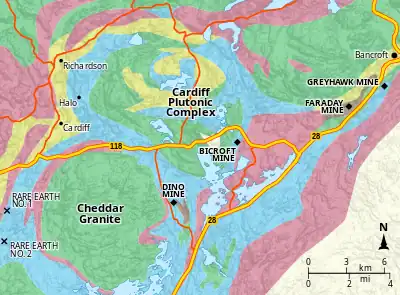 Map showing Bicroft mine in the centre, Dyno mine 4 miles to the South West, Faraday and Greyhawk mines 4 miles to the north east