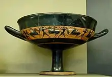 Band cup by an unknown artist showing fighters, c. 540 BC, from Vulci, now in the Louvre, Paris