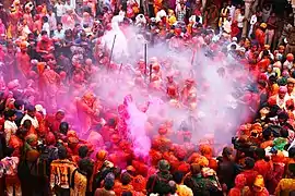 Image 29Devotees during Lathmar Holi, by Narender9 (from Wikipedia:Featured pictures/Culture, entertainment, and lifestyle/Religion and mythology)