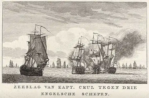 Naval battle of Captain Krul against three English shipsEngraving by Carl Frederik Bendorp, 1781