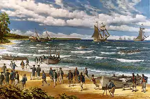 Painting of Continental Marines landing on a tropical beach from rowboats, with two ships in the background