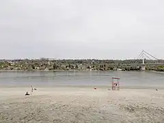 Štrand beach overlooking Radio Television of Vojvodina and Liberty Bridge