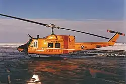 CH-135 Twin Huey 135135 in the early-style SAR markings, 1988. This aircraft was serving with Base Rescue Goose Bay and had formerly been assigned to 424 Transport & Rescue Squadron, CFB Trenton.