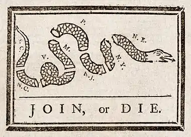 Join, or Die, a 1754 cartoon by Benjamin Franklin was used decades later to encourage the former colonies to unite against British rule