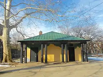 Park pavilion, looking west.  The burial ground lies behind the pavilion