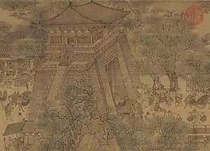 A section of the painting "Along the River During the Qingming Festival" which depicts a Bianjing city gate with a guard tower built on top of the gate.