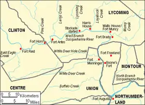 Eleven forts were built along or near the West Branch Susquehanna River between Fort Augusta, near the confluence with the North Branch Susquehanna, and Fort Reid at Lock Haven, near the confluence with Bald Eagle Creek.