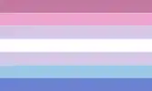 Bigender pride flag, made up of horizontal stripes of, from top to bottom, pink, light pink, lavender, white, light blue, and blue.