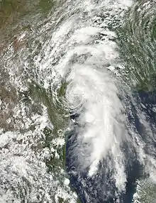 A satellite image of Tropical Storm Bill shortly after it made landfall in Texas on June 16, 2015.