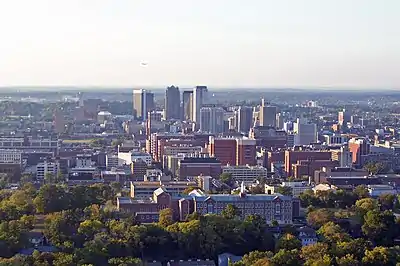 View of Birmingham looking north from the crest of Red Mountain, with Southside (including UAB and Ramsay High School) in the immediate foreground.