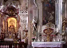 Interior view of the Wallfahrtskirche Birnau with "Honigschlecker" putto (center) in Überlingen, Germany