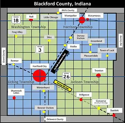 Rectangular map of an Indiana county is almost square. One railroad crosses the southern portion of the county mostly east-west, while the other railroad crosses mostly north-south.  The two rail lines intersect in the county seat, Hartford City.