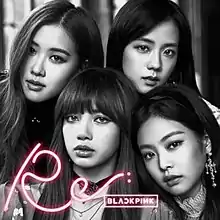 a close-up shot of the members in black and white with logo of "Re: Blackpink" in the bottom