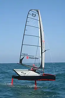 International Moth class sailboat on foils.